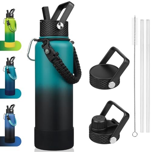 BJPKPK 40oz Insulated Water Bottle with 3 Lids, Straw Lid & Handle - color: Army Green & Black, size: 40 Ounces