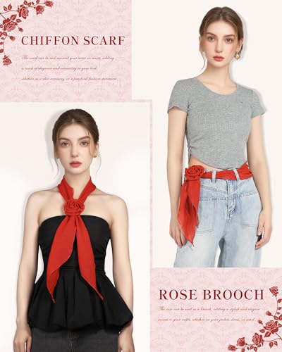 Chiffon Scarf for Women, Removable Flower Neck Scarf Light Soft Fashion Rose Scarves Versatile Headband or Hair Band - color: Red