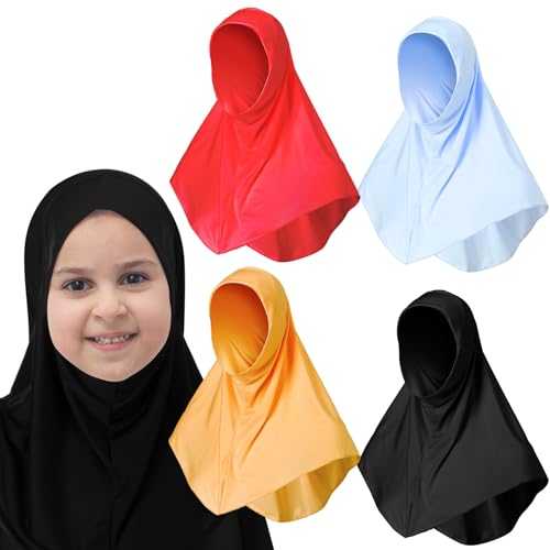Cozypower 4 Pcs Eid Hijab Muslim for Girls Kids Head Scarf Islamic Shawls Neck Wrap Kids Ages 6-11 Headscarf Instant Turban - color: Mixed Color