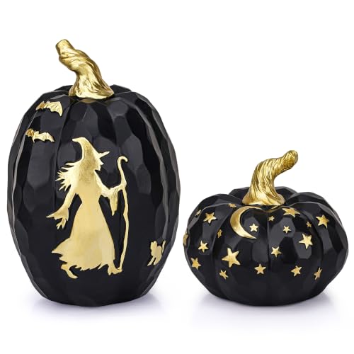 2Pcs Faux Resin Black Halloween Pumpkin Decor for Table Centerpiece - color: Resin Pumpkin-2black & Gold