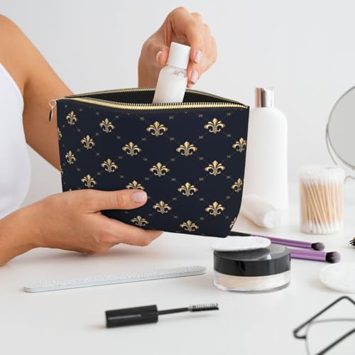 Leather Makeup Bag for Purse, Waterproof Small Toiletry Bag with Zipper, Cute Cosmetic Bags for Women, Navy Gold Fleur De Lis Pattern Travel Pouch - color: Navy Gold Fleur De Lis Pattern