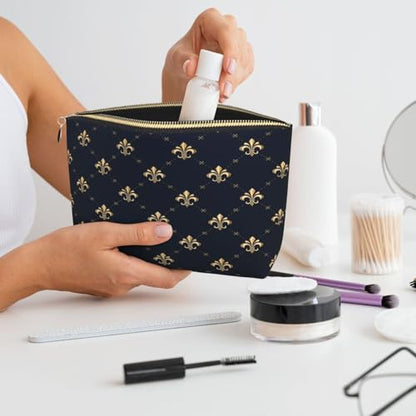 Leather Makeup Bag for Purse, Waterproof Small Toiletry Bag with Zipper, Cute Cosmetic Bags for Women, Navy Gold Fleur De Lis Pattern Travel Pouch - color: Navy Gold Fleur De Lis Pattern