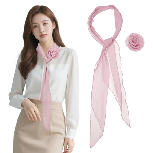 Chiffon Scarf for Women, Long Skinny Chiffon Neckerchief with Detachable Rose Flower Light Soft for Hair Ribbon - color: Dusty Pink