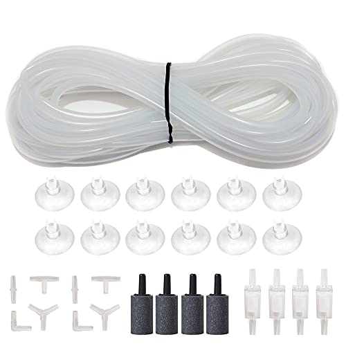 25 Feet 3/16 Inch Standard Aquarium Silicone Airline Tubing | With Air Stones, Check Valves, Suction Cups and Connectors, For Fish Tank, Hydroponics, Semi-Transparent - color: Semi-Transparent