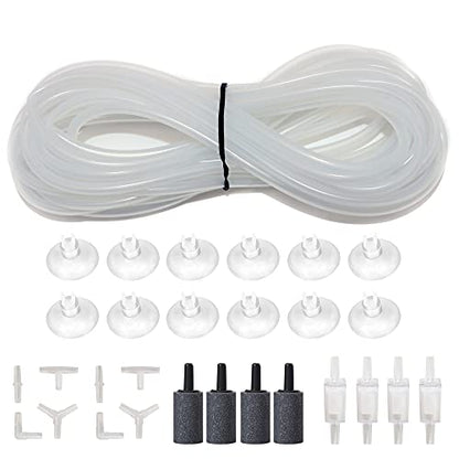 25 Feet 3/16 Inch Standard Aquarium Silicone Airline Tubing | With Air Stones, Check Valves, Suction Cups and Connectors, For Fish Tank, Hydroponics, Semi-Transparent - color: Semi-Transparent