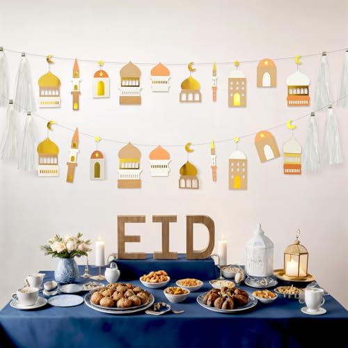 Cheerland Ramadan Banner Eid Mubarak Banner Ramadan Decorations Garland Gold White Party Decorations Islamic Mosque Garlands Islam Party Hanging Decor Gold Star Moon Crescent Muslim Party Supplies