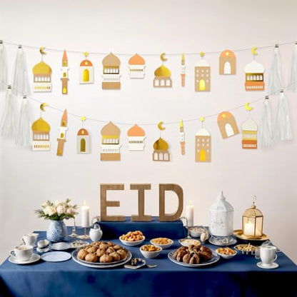 Cheerland Ramadan Banner Eid Mubarak Banner Ramadan Decorations Garland Gold White Party Decorations Islamic Mosque Garlands Islam Party Hanging Decor Gold Star Moon Crescent Muslim Party Supplies
