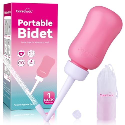 Carethetic Peri Bottle, 10oz Upside Down Portable Bidet for Postpartum Care, Perineal Cleansing with Angled Nozzle, Travel Bag, New Mom Essentials, Pink