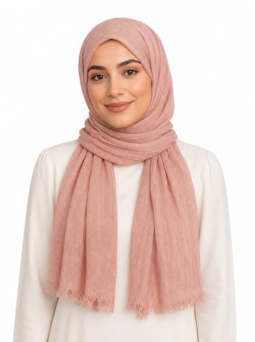 Lightweight Rayon Scarf with Cotton Linen Texture – Breathable Wrinkle Hijab, Vintage Dyed Wrap Shawl - color: Pink