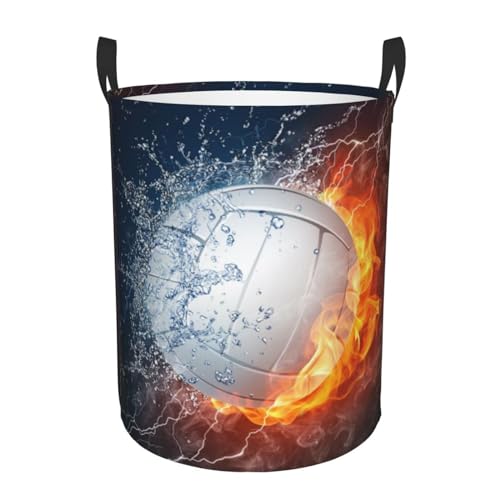 Fire Water Volleyball Sport Laundry Hamper with Durable Handle Waterproof Collapsible Laundry Basket Circular Dirty Clothes Storage Basket for Bedroom Bathroom Nursery - color: Fire Water Volleyball Sport, size: Small