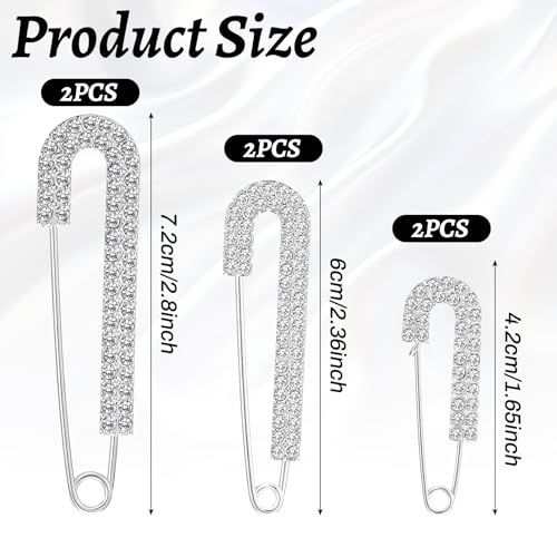 6Pcs Decorative Safety Pins, Ymapinc Silver Rhinestone Pins for Clothes, Silver Rhinestone Fancy Brooch for Women Large & Small Crystal Brooches, Fashion Pin, Hats & Scarves