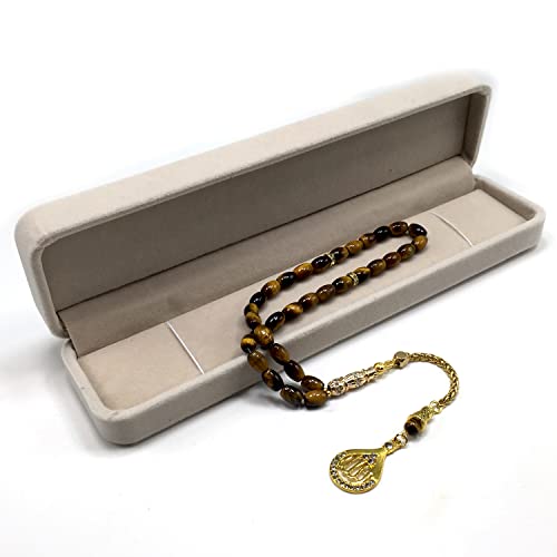 Design -Tiger Eye Stone Series Worry Beads - Prayer Beads (8 mm-33 Beads) Tesbih-Tasbih-Tasbeeh-Misbaha-Masbaha-Subha-Sebha-Sibha-Rosary (-Oval Cut Gold Model 6x9 mm-) - color: -Oval Cut Gold Model 6x9 mm-