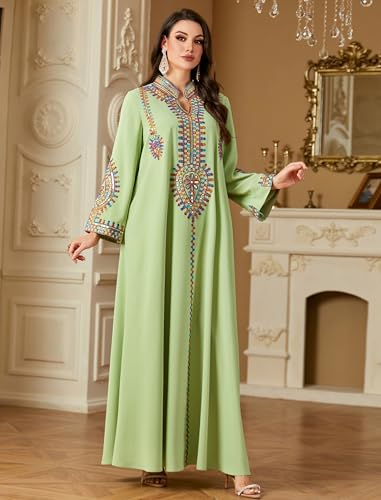 ABEWIP Muslim Dresses for Women Ramadan Kimono Long Sleeve Embroidered Islamic Prayer Dress Turkey Dubai Eid Abaya Kaftan - color: Green, size: XX-Large