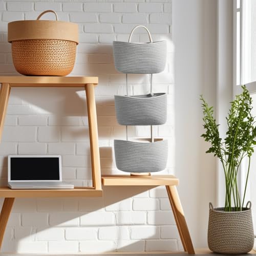 Gray 3-Tier Woven Cotton Rope Hanging Basket, Over the Door Organizer, Adjustable Detachable Wall Basket with Metal & Adhesive Hooks, No Drilling for Apartment, Rental, Dorm & Small Space - style: Grey