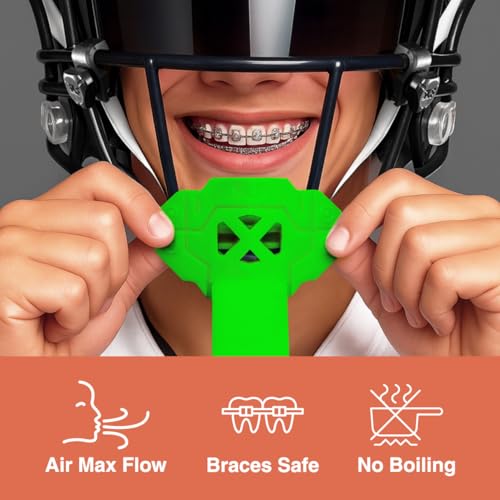 SLEEFS X Hot Green Football Mouth Guard - Lip/Mouthguard with Helmet Strap - Lip/Teeth Protector Mouthpiece - Moldable - for Youth/Adults, Men & Women Mouth Guard, Maximum Air Flow, All Sports - color: Hot Green