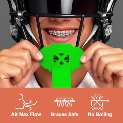SLEEFS X Hot Green Football Mouth Guard - Lip/Mouthguard with Helmet Strap - Lip/Teeth Protector Mouthpiece - Moldable - for Youth/Adults, Men & Women Mouth Guard, Maximum Air Flow, All Sports - color: Hot Green