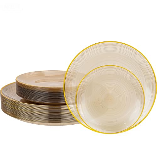 Morejoy 60Pcs Brown Plastic Plates,Brown Disposable Plates With Gold Rim - color: Brown and Gold, style: Modern