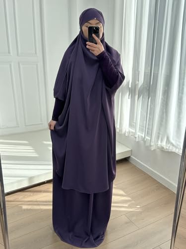 Womens Muslim Abaya Solid Prayer Dress Islamic Maxi Kaftan with Hijab Dubai Full Length 2 Piece Dress - color: 1dark Purple