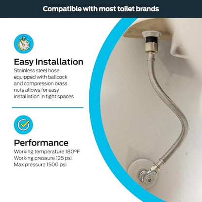 Eastman 12 Inch Flexible Toilet Connector, 7/8 Inch Ballcock x 3/8 Inch Compression, Stainless Steel Braided Hose, 48088 - size: 12 in. L x 7/8 in. B/C x 3/8 in. Comp