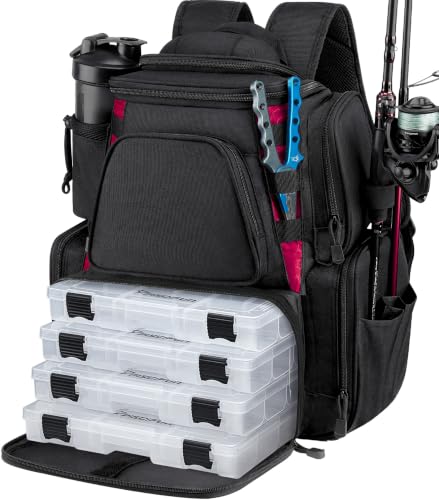 Piscifun Fishing Tackle Backpack with 2 Rod Holders, 4 Boxes & Rain Cover | Multi-pocket storage, fits 3600/3700 trays, bottle holder, padded straps for bank fishing - color: Black
