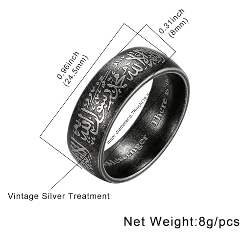 Hipunk Stainless Steel Islamic Muslim Shahada Ring - Mohammad Arabic Letter Rings Band Prayer Religious Calligraphy Ayatul Kursi Allah Rings Eid Ramadan for Men Women Size 9-12 - color: Retro black