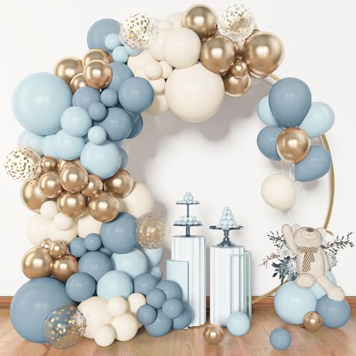 Amandir 153pcs Dusty Blue Balloon Garland Arch Kit, Different Sizes 18 12 10 5 inch Blue White Sand Latex Metallic Confetti Gold Balloons Baptism Birthday Boho Baby Shower Party Decoration Supplies - color: Dusty Blue