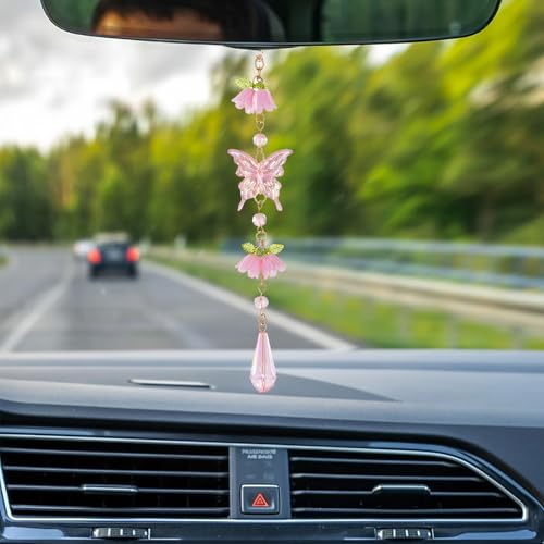 Butterfly Crystal Car Charm Lily Flower Beaded Mirror Hanging | Pink Lily Of The Valley Flower Beaded Pendant. Elegant Hanging Car Interior Decor Ornament. Crystal Butterfly Mirror Charm. - style: Butterfly