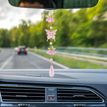 Butterfly Crystal Car Charm Lily Flower Beaded Mirror Hanging | Pink Lily Of The Valley Flower Beaded Pendant. Elegant Hanging Car Interior Decor Ornament. Crystal Butterfly Mirror Charm. - style: Butterfly