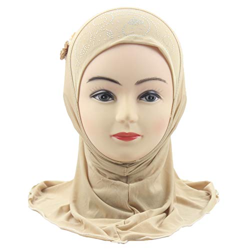 Instant Hijab for Kids Girls Hijabs Muslim Islamic Head Scarf with Rhinestone and Flowers - color: Cream