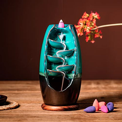 INONE Ceramic Incense Burner with 100 Upgraded Cones, Waterfall Backflow Incense Holder, Aromatherapy Ornament, Zen Decor, Home Decor, Room Decor (Cyan)