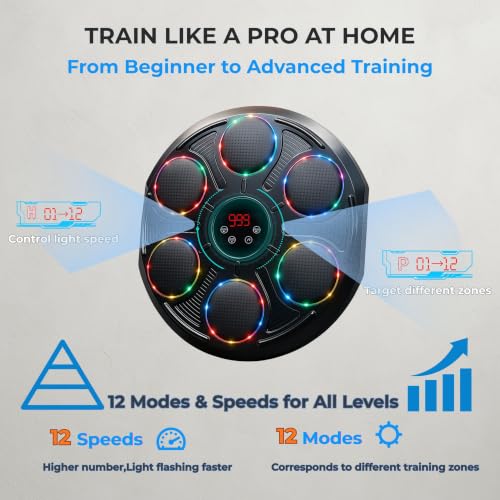 Premium Heavy Duty Burwayo Smart Music Boxing Machine for Adults | Wall-Mounted Bluetooth Punching Pad with Lights, 12 Modes Speeds, Adjustable Height, Gloves Included – Home Fitness for Teens