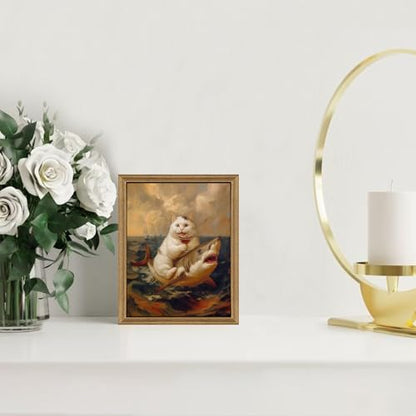 ICHZUMW Framed Funny White Cat Riding Shark Ocean Canvas Wall Art 8x10 In - color: White Shark Rider, size: 10"L x 8"W