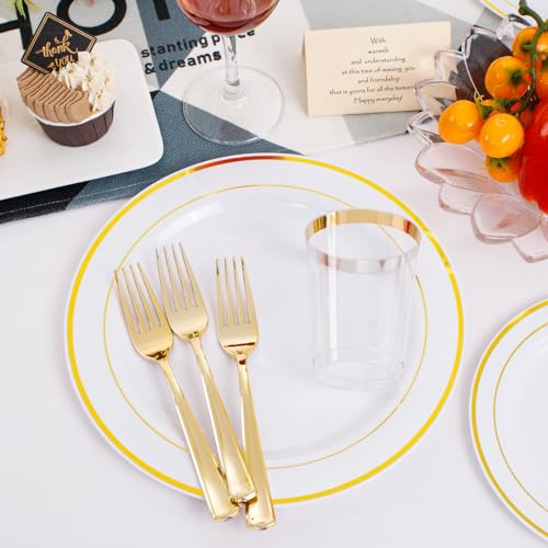 350 Pieces White and Gold Plastic Plates - 50 Guest Dinnerware Set Include 100 Plates, 50 Gold Plastic Silverware, 50 Paper Napkins and 50 Cups for Wedding/Baby Shower/Spring/Birthday/Mother's Day - color: Gold - Modern, size: 350