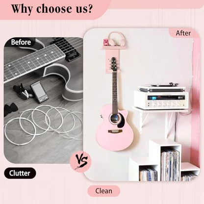 Keebofly 2-Pack Guitar Wall Mount Hanger with Shelf & Pick Holder - Wood Wall Hook for Acoustic, Electric, Bass Guitars, Ukulele (Screw-Mounted, Pink) [Patented] - color: 2 Pack_Pink
