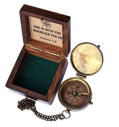 Be Strong and Courageous (Joshua 1:9) Brass Compass with wooden Box-Engraved Scripture Prayer Compass Religious Gift for Men & Women - Baptism, Confirmation, Communion Compass for Boys Graduation Gift - style: #4 God Compass (Joshua 1:9)