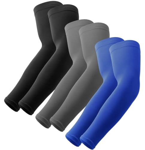 OutdoorEssentials UV Sun Sleeves for Men & Women, Cooling Arm Sleeves UPF 50+ | Golf, Tattoo Cover Up, Sun Protection - color: (3 Pairs): 1 Black, 1 Dark Gray, 1 Blue