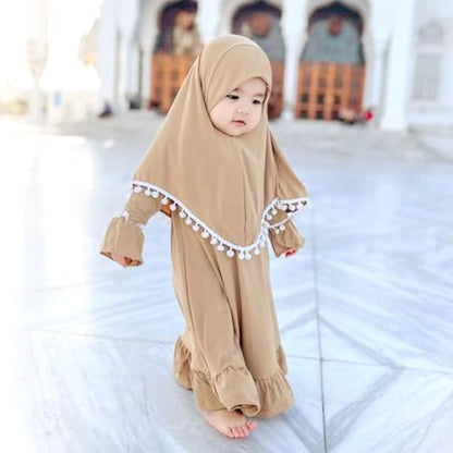 IWEMEK Infant Baby Girl Prayer Dress Kids Muslim Clothes for Toddler Girls Abaya with Hijab Ruffle Islamic Eid Ramadan Outfit - color: Khaki, size: 6-12 Months