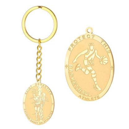 Dreamtimes St. Sebastian Medal Keychain for Men Women Stainless Steel Religious Saint Patron of Athletes Catholic Keychain - style: Basketball-g