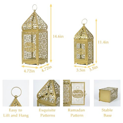 Ramadan Lanterns Gold Metal Islamic Fanous Hanging Candle Holder Decor for Ramadan & Eid, Eid Decorations for Home Table Window Porch, Large 14.6" & 11.4" Set of 2