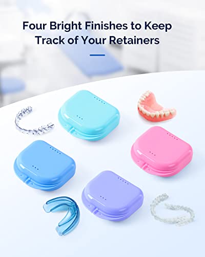 JMU Retainer Case with Vent Holes, 4 Pack Orthodontic Mouth Guard Cases Denture Case | Dental Storage Container, Denture Case Travel Box for Aligner with Snap Lock - color: Blue/Teal/Purple/Pink