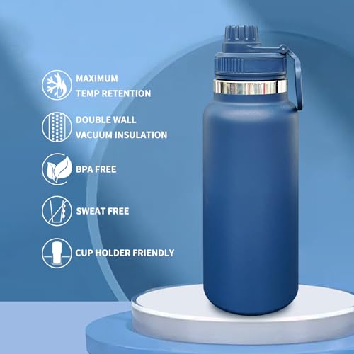 32 oz Insulated Water Bottle with Spout Lid - Double Wall Vacuum Sports Water Bottle - Powder Coated Cup for Gym Camping Hiking(Navy,1 pack) - color: Navy