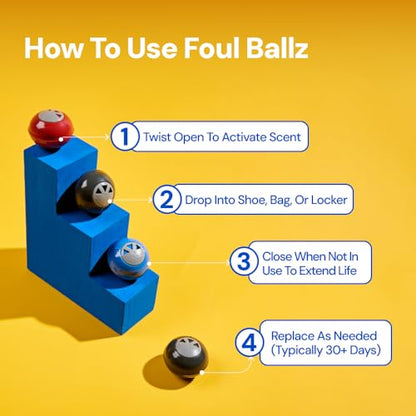 Fresh Kicks Foul Ballz Shoe Deodorizer Balls – 6 Pack – Eliminate Smelly Shoes Fast – Strong Sneaker Odor Fighter – Long-Lasting Shoe Freshener Inserts for Gym Bags, Lockers, Closets & Sports Gear