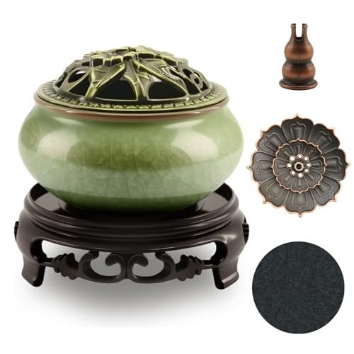 Ceramic Incense Burner with Lotus Incense Holder, Multi-Functional Incense Burner Holder for Incense Sticks, Coil Incense and Cones, Perfect Home Decor - color: Green
