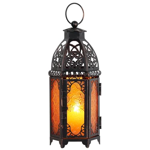 Moroccan Lanterns Decorative Indoor & Outdoor, 11’’ Medium Size Vintage Metal Hanging&Tabletop Candle Holder Decor, Halloween Christmas Ramadan Decorations for Home Porch Patio (Amber) - color: Amber - 11''h, size: Medium