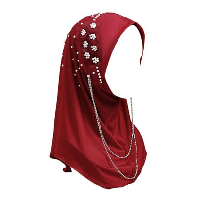 RARITYUS Women Bling Rhinestone Pearl Instant Scarf Muslim Hijab Fashion Shawl Head Wrap Turban Cap with Flower Accent - color: Red