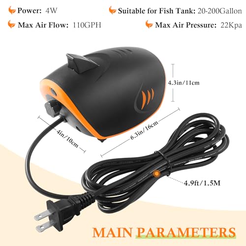 HITOP 4W 110GPH Powerful Aquarium Air Pump, Quiet 2-outlets Aquarium Aerator, Adjustable Fish Tank Air Pump with Accessories, for 20-200 Gallon Tank, with ON/Off Button - style: 4W