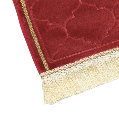Muslim Prayer Rug Gold Rimmed Soft Thick Flannel Prayer Carpet Mat 25.5x45 Inch One of Three Random Patterns, Burgundy