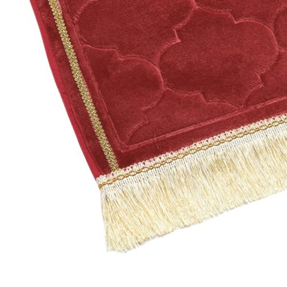 Muslim Prayer Rug Gold Rimmed Soft Thick Flannel Prayer Carpet Mat 25.5x45 Inch One of Three Random Patterns, Burgundy