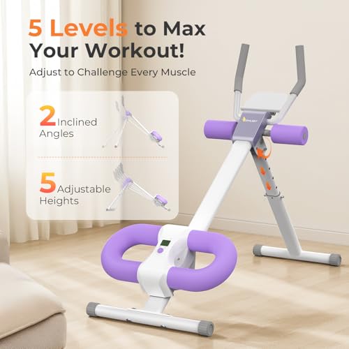 OWLSKY Ab Machine, Adjustable Ab Trainer Machine for Abs Workout at Home Gym, Foldable, Knee Protection, LCD Monitor, Device Holder, 400 LBS,Abdominal Trainer for Stomach Workout - style: Purple