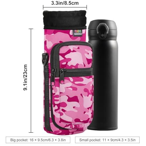 Nuovoware Water Bottle Carrier Bag, 25oz/32oz, Camouflage Pink | Adjustable Shoulder Hand Strap, 2 Pocket, Neoprene Sleeve, For Hiking Travelling Camping - color: Camouflage Pink, size: 25-32 Ounces - Standard